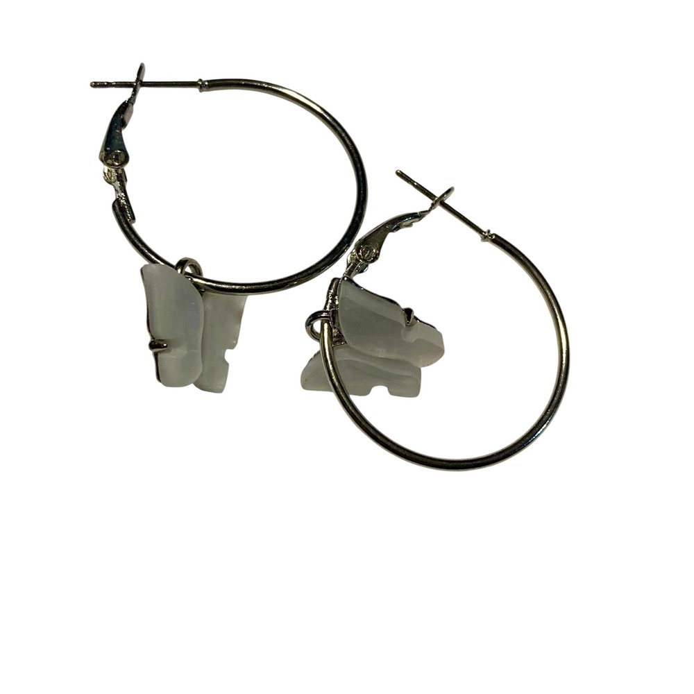 Silver‎ Tone Butterfly Charm Hoop Earrings White Iridescent Y2K Style 1 Inch